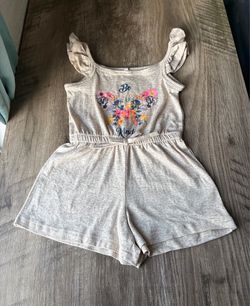 Free Style Girls tan beige multicolor floral butterfly graphic Romper size 3T