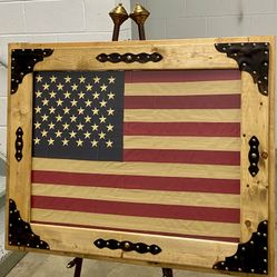 Vintage rustic solid wood framed American flag 