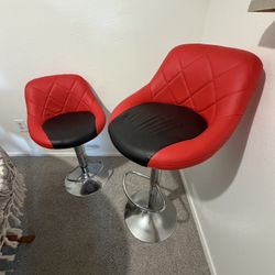Two Red Leather Vintage Barstools 