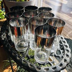 10 Vintage MCM Mid Century Modern Vitreon Queen's Lusterware Silver Fade High Ball Glasses