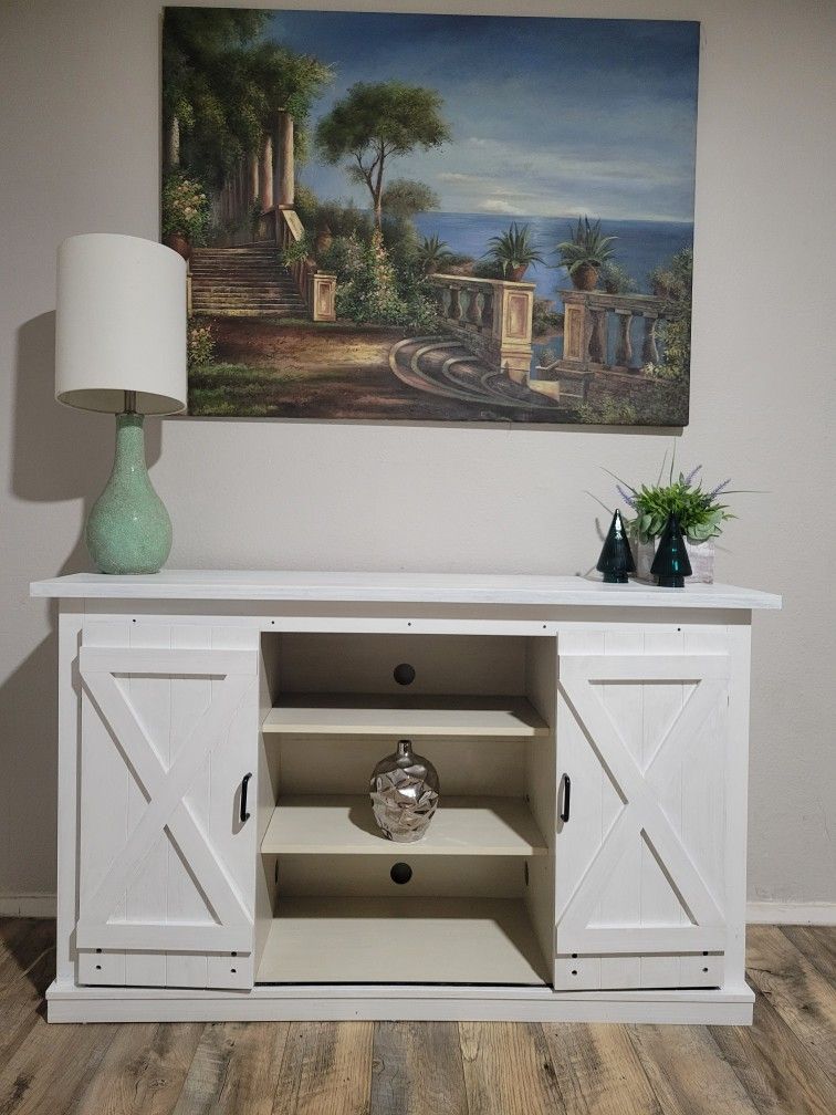 White Modern Barn Door TV Stand