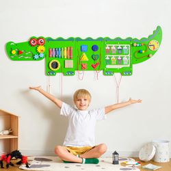 Crocodile Sensory Toys Activity Wall Panels, Educational Montessori Busy Board for Toddlers, Activity Cube - Sensory Wall, Wooden Learning Toys, Inter