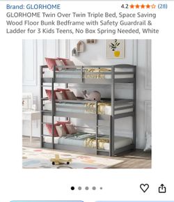 Gray Twin Triple Bunk Bed Set w/ Mattress