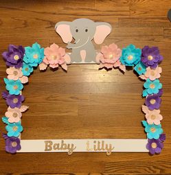 Photo backdrop frame for baby shower it’s a girl birthday decoration gender reveal gold rose pink blue baby elephant