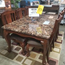 Faux Marbletop Wooden Table Set With Six Chairs 