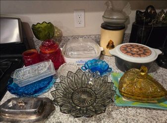 Vintage Glassware dishes canister vase Carnival petal flower glass dish plate tray butter dish moon stars