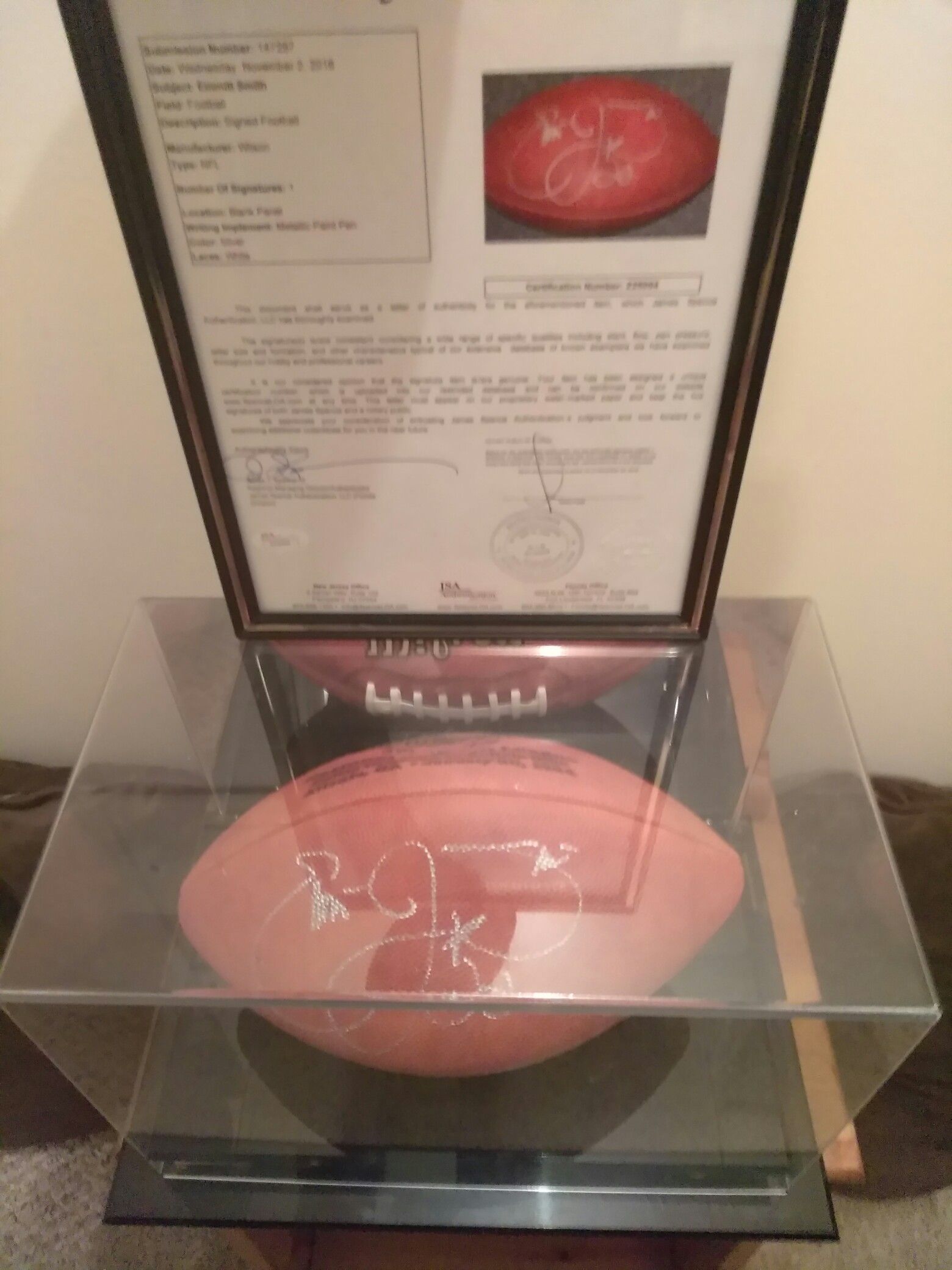 Emmitt Smith signed NFL football in mirrored display case with JSA letter of authenticity