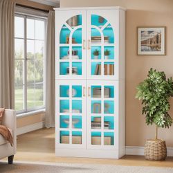 68.94 in. White Wood Storage Cabinet with Doors, LED Lights and Adjustable Shelves for Living Room, Office