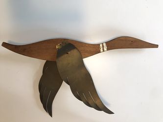 VTG MCM Teak Wood Flying Duck Goose w Brass Metal Wings Wall Hanging Decor 20.5" Thumbnail