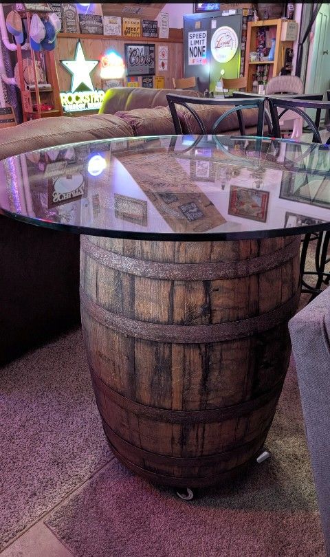 Perfect Father's Day Gift! Glass top whiskey barrel table with 4 bar height stools
