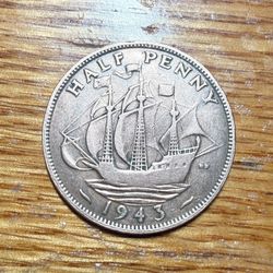 1943 HALFPENNY-HALF PENNY COIN - 1/2d BRONZE COIN-KING GEORGE VI-THE GOLDEN HIND