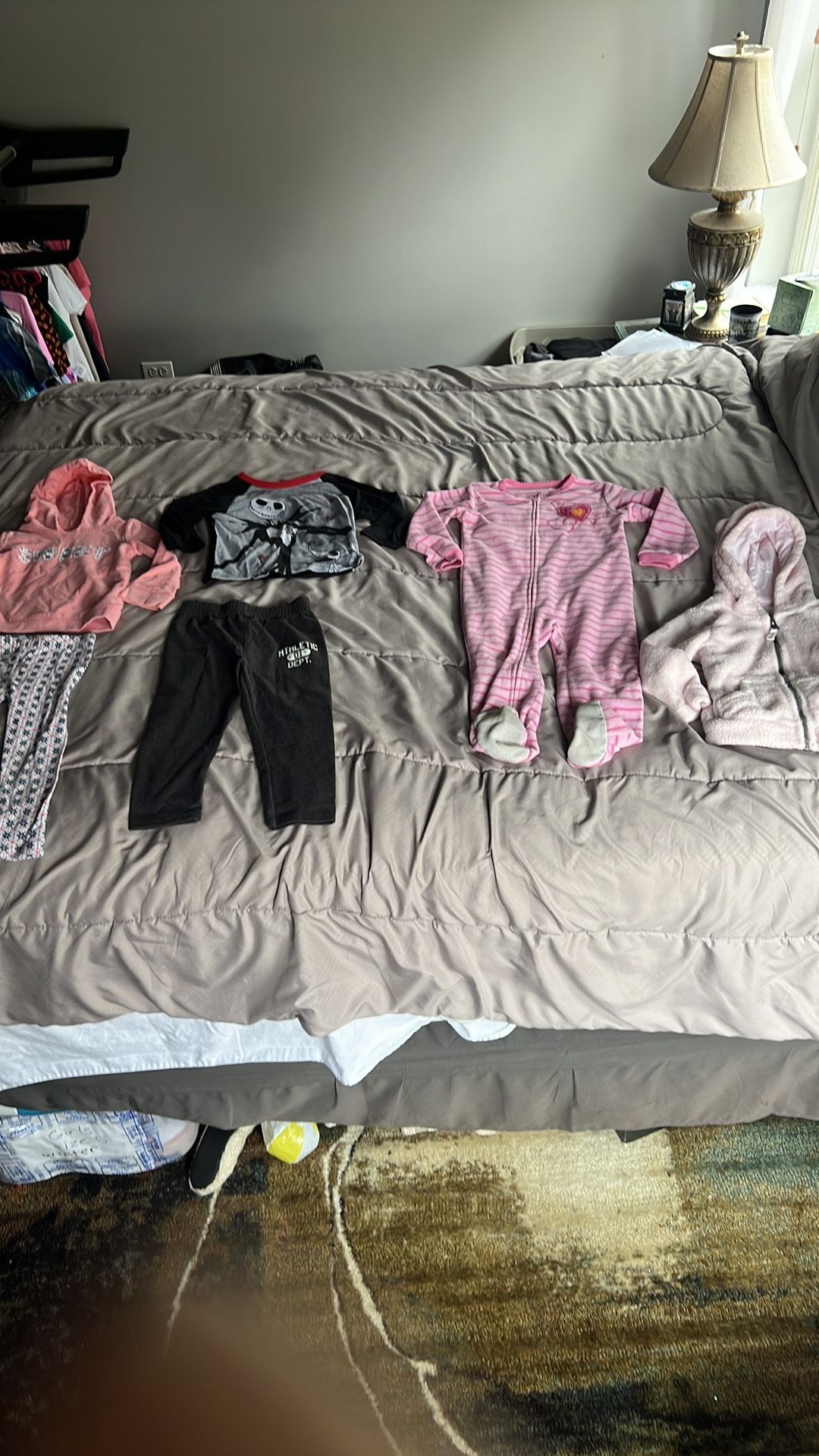 Girls size 2T clothes. Minor piling. Alll pink/peach are carters. Black pants garanimals & Disney pj top. Adorable kids matching sets. Includes hoodie