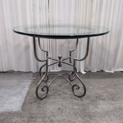 Round Glass Top Scrolled Metal Dining Table