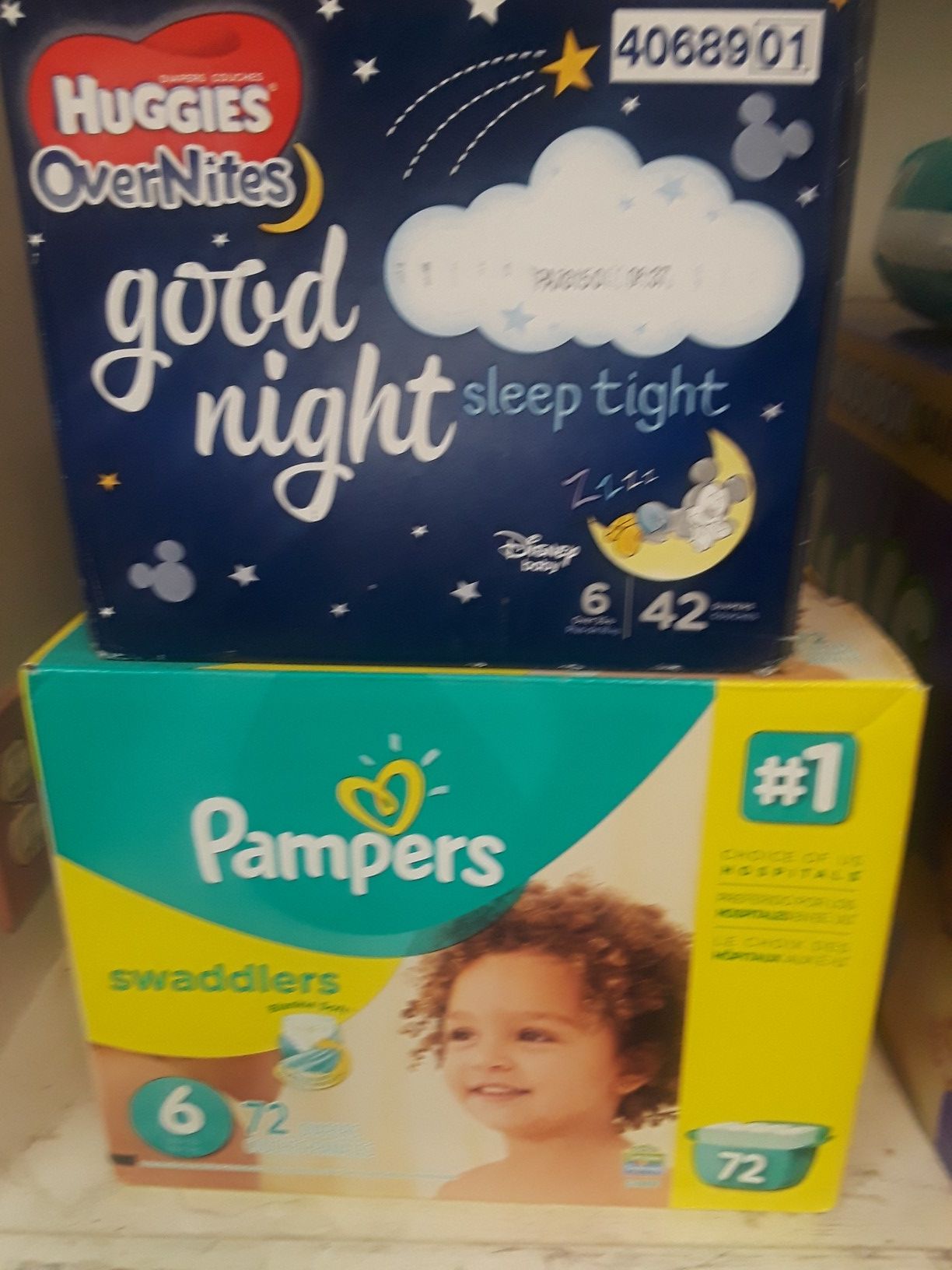 Pampers Swaddlers size 6 and Huggies overnight size 6
