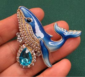 Blue Enamel Whale Brooch with Crystal Accents