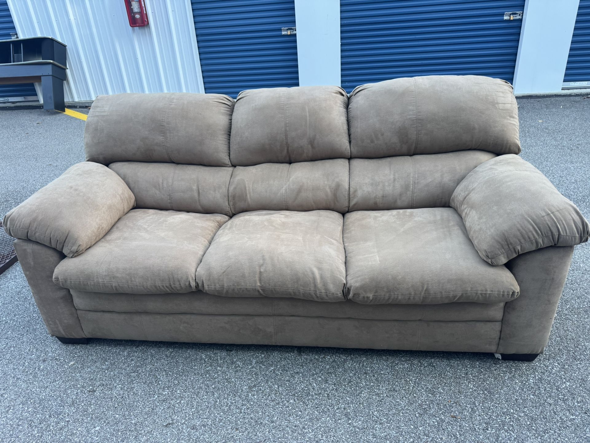 Tan Microfiber Couch 86” long 39” deep 40” tall in back 20” floor to seat