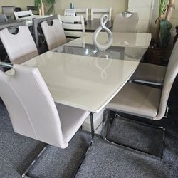 Brand New Gray Glass Dining Table With Leaf (  ) + 6 Gray Soft Faux Leather Chairs