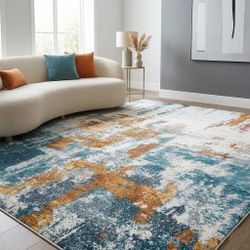 8x10 Area Rug Indoor Non-Slip Large Blue Carpet Thin Soft Washable Living Room Bedroom