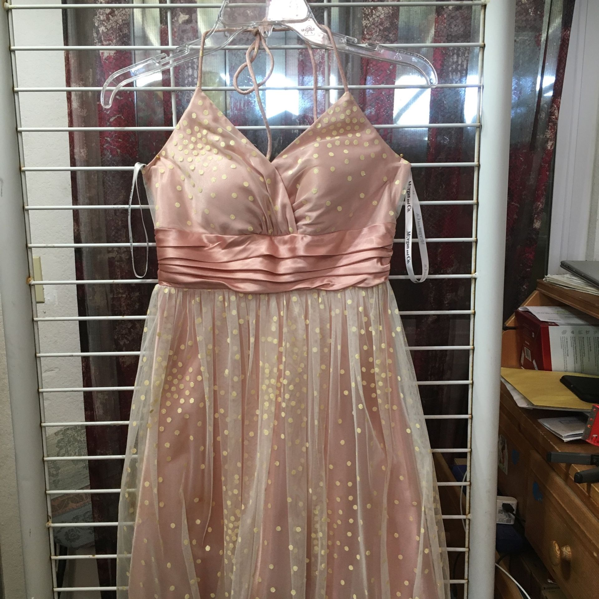 Morgan & Co. Halter Dress, Size 3/4 , Peach Color, Satin/ Polka Doy Tulle, Balloon Skirt