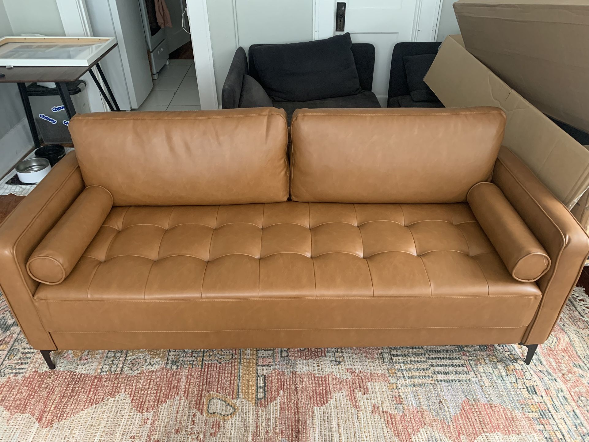 Faux Leather Mid-Century Modern Sofa with Bolster Pillows in Caramel Brown