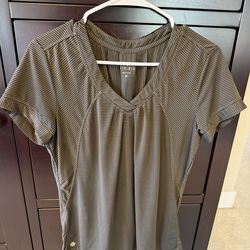 Athleta Women's Running Shirt Short Sleeve Brown Black Pinstripes Reflective, sz M