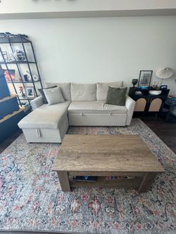 Couch, rug, coffee table