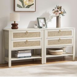 White Night Stand with Drawers and Storage Shelf - Large Nightstands Rattan Decor Boho Bedside Tabl