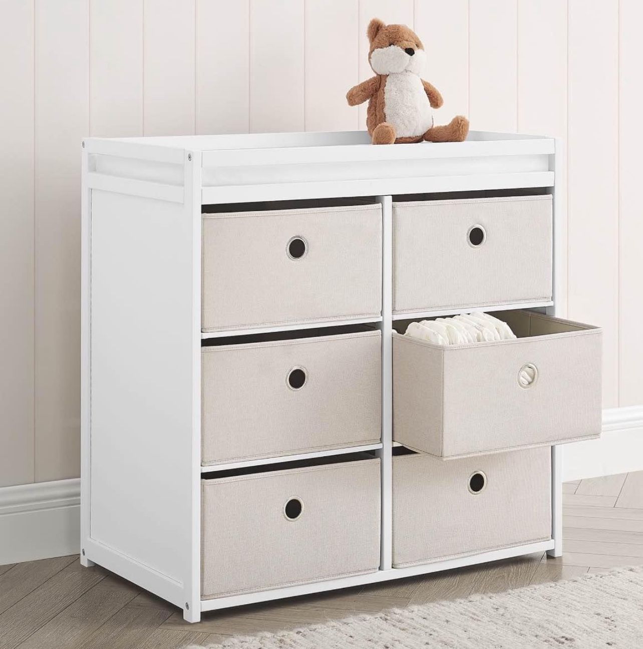 Changing Table with Fabric Bins, Bianca White/Flax Bins, New in Box