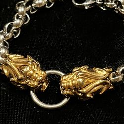 Gold Plated Dragon Heads On Silver Chain Bracelet 9” Long