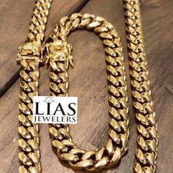 New 18k Yellow Gold Cuban Link Chain And Bracelet 