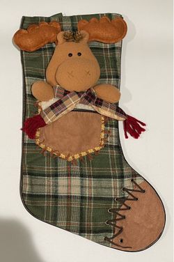 Rustic 3D Plush Moose Christmas Stocking – Green Plaid Fabric with Faux Lace-Up Boot – Like New