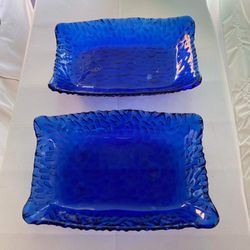 Vintage Rectangular Cobalt Blue Textured Glass Candy/Trinket Dishes Set Of 2