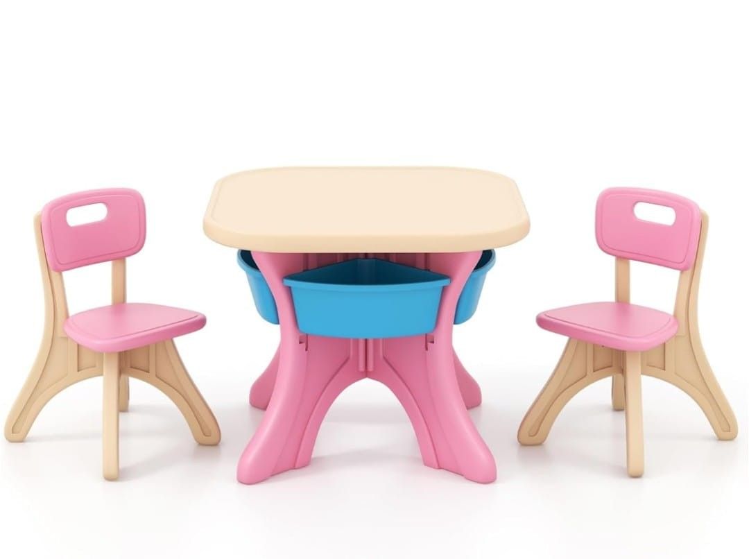 Kids Table and Chair Set, Plastic Children Activity Table and 2 Chair Set w/Storage Bins, 3 Piece Toddler Table and Chairs for Art, Craft, Reading,