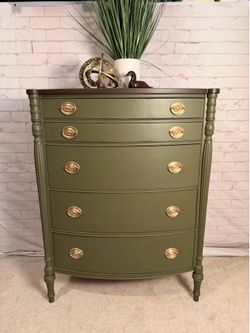 Solid Wood | 5 Drawer Dresser | Green | Gold Hardware