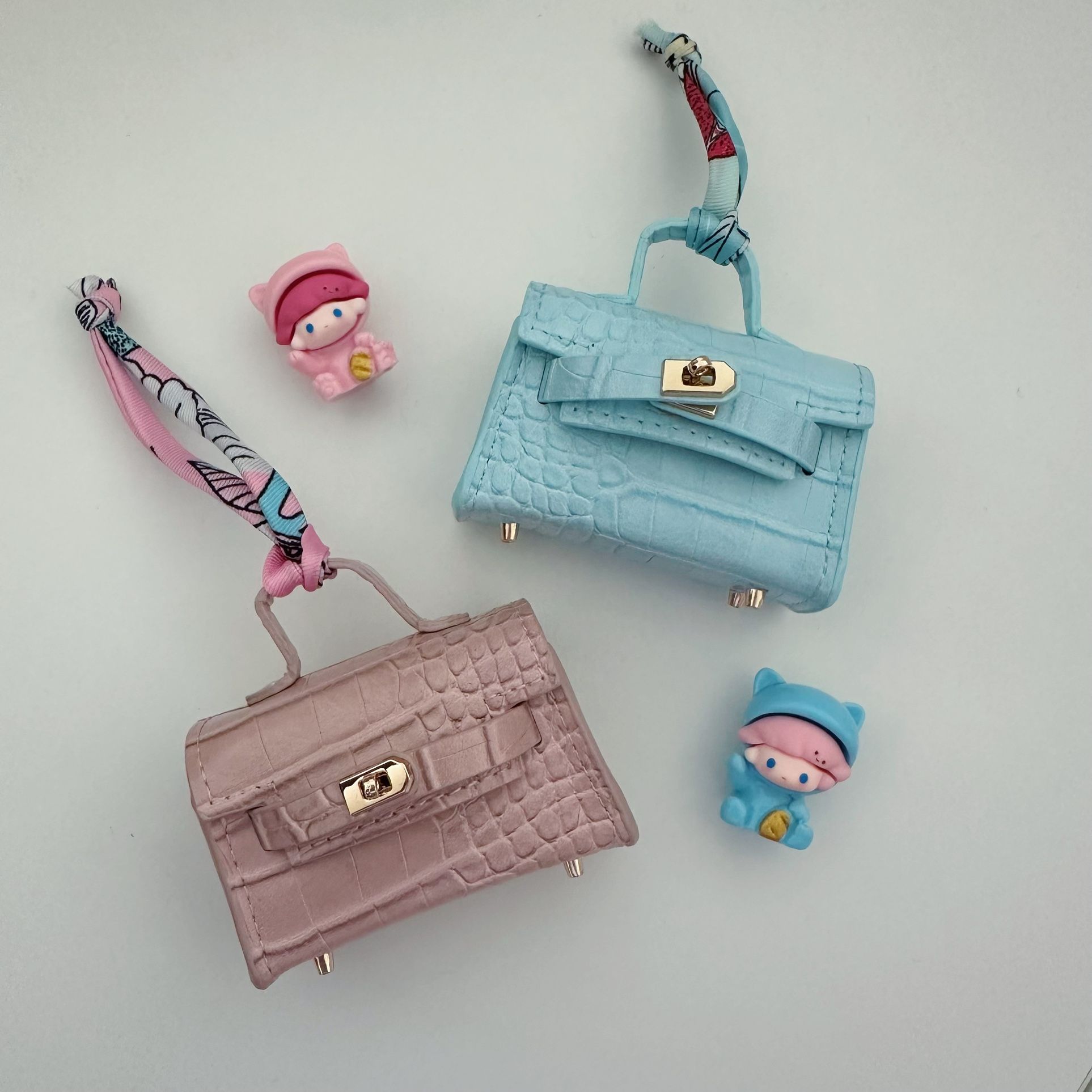 Set of 2 Mini Designer Style Bag Charms with Scarf – Pink & Blue