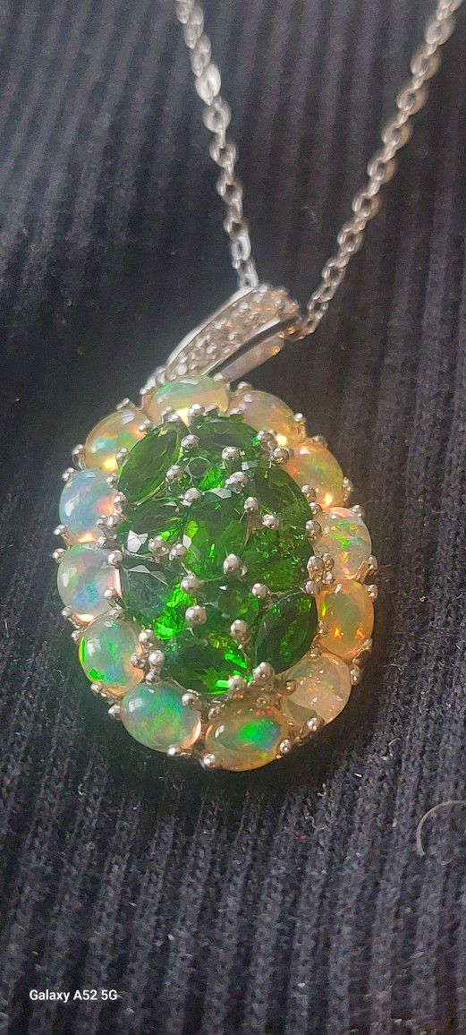 Opal Halo Green Topaz Platinum Plated Sterling Silver 20" Chain