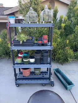 Plastic shelves, and pots