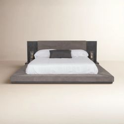 Modern Low-Profile Platform King Size Bed with Integrated Headboard