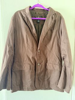 Pop Icon Clothing Men’s Blazer Jacket Size L Brown Cross Graphic Back Cotton