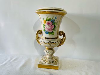 Vintage Porcelain Urn Vase Hand Painted Floral Roses Gold Gilt 12.5" Tall