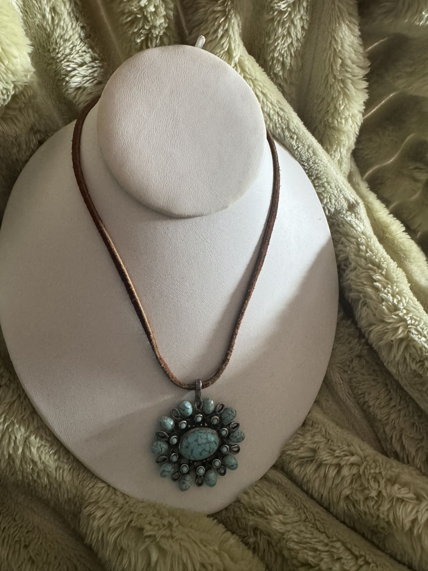 Vintage Turquoise Stone Pendant From 1970's on Leather Rope "Chain"