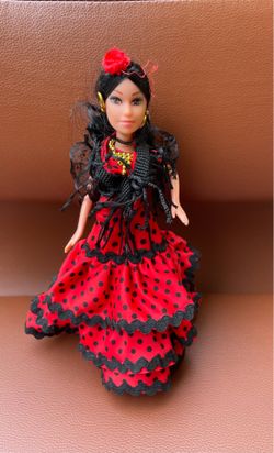 Vintage-Style Spanish Flamenco Dancer Doll - Folk Artesanía "Sintra" - Red & Black Polka Dot Dress