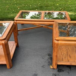 Coffee Table & 2 End Tables. Solids Oak/Beveled Glass