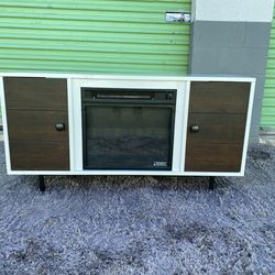 Modern TV Stand w/ Electric Fireplace Insert – White & Wood – Heater – Phoenix – Clean