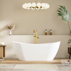 67 Glossy White Freestanding Acrylic Soaking Bathtub with Advanced Heat Retention & Ergonomic Support, 71-Gallon