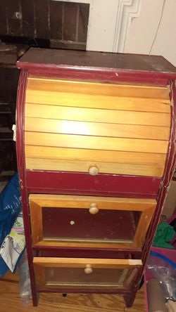Antique red roll back shelf end table store box very unique kool