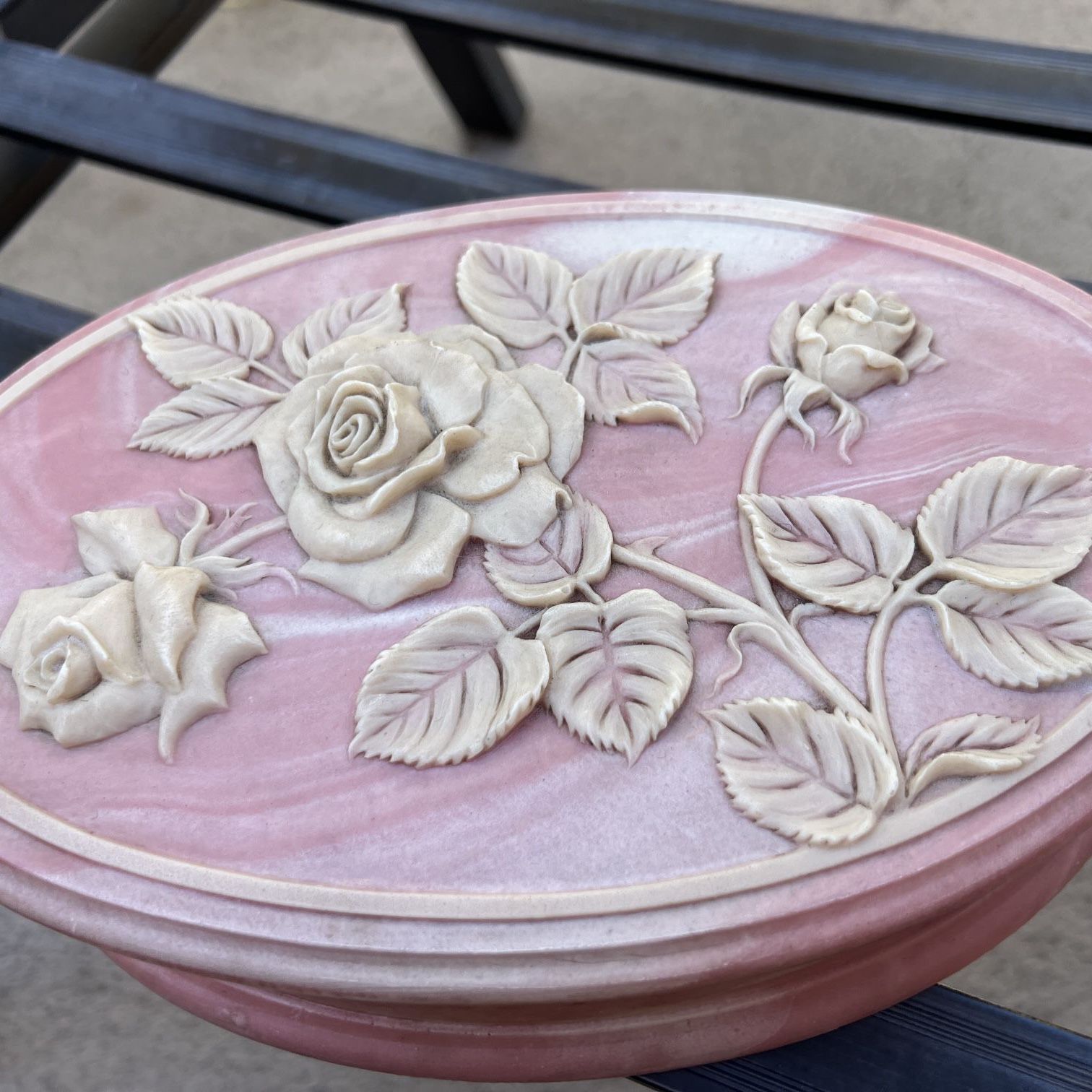 1974 Antique Pink and White Alabaster Oval lidded box, Design Gifts Intl