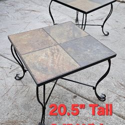 TWO SLATE TILE TOP PATIOSIDE TABLES WITH SCROLL FEET(EXCELLENT CONDITION)