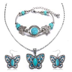 Silver Butterfly Turquoise Bracelet and Earrings Jewelry Set Pendant Necklace and Drop Earrings 