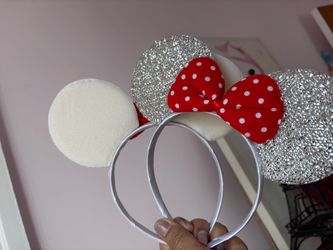 Silver White Minnie Mouse ears with red polkadot bow